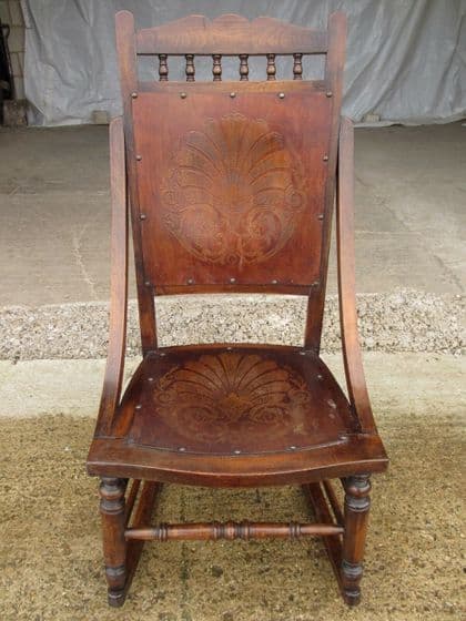 Victorian oak and beech moulded panelled seat and back rocking chair (ref 584)